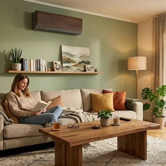 Modernes Split-Klimagerät im stilvoll eingerichteten Wohnzimmer für optimales Raumklima