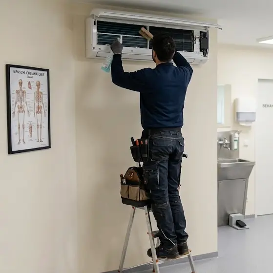 Fachmonteur bei der fachgerechten Wartung eines Kühlaggregats zur Sicherung der Energieeffizienz